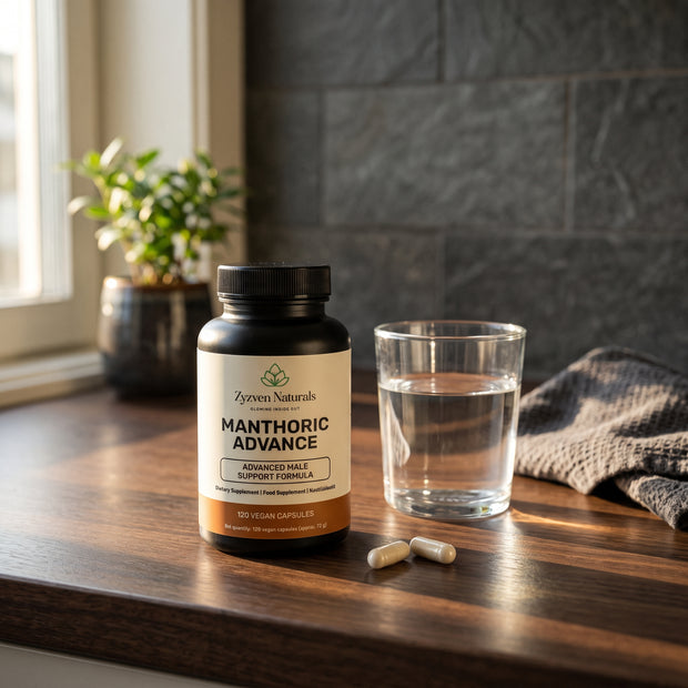 Manthoric Advance capsules with a glass of water