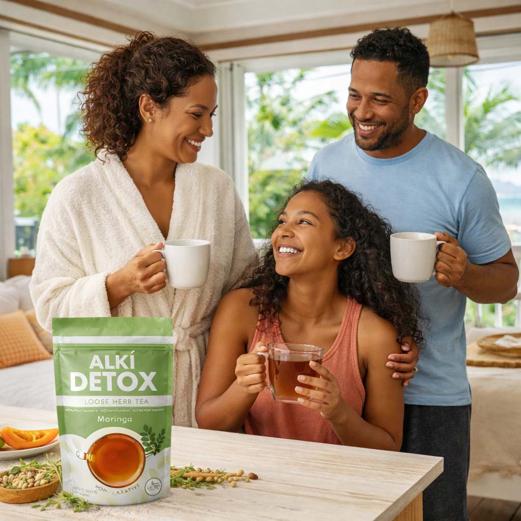 Family enjoying a cup of Alki Detox tea in a home setting