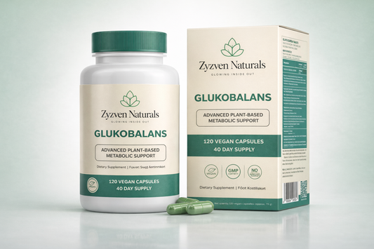 Zyven Naturals Glukobalans supplement bottle and packaging on a light gray background