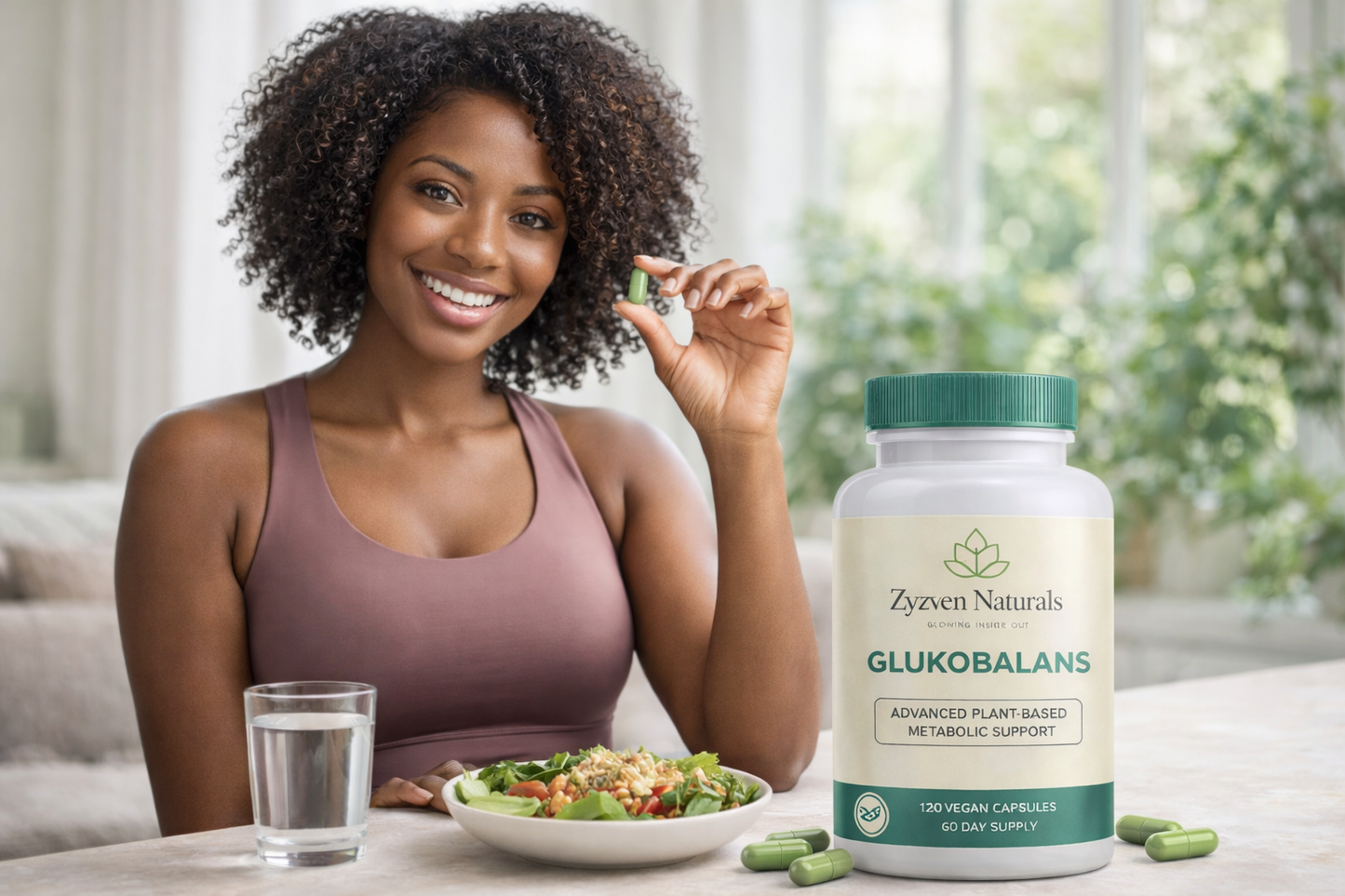 Woman holding a supplement capsule with a bottle of Zyzen Naturals GLUKOBALANS in front of her.