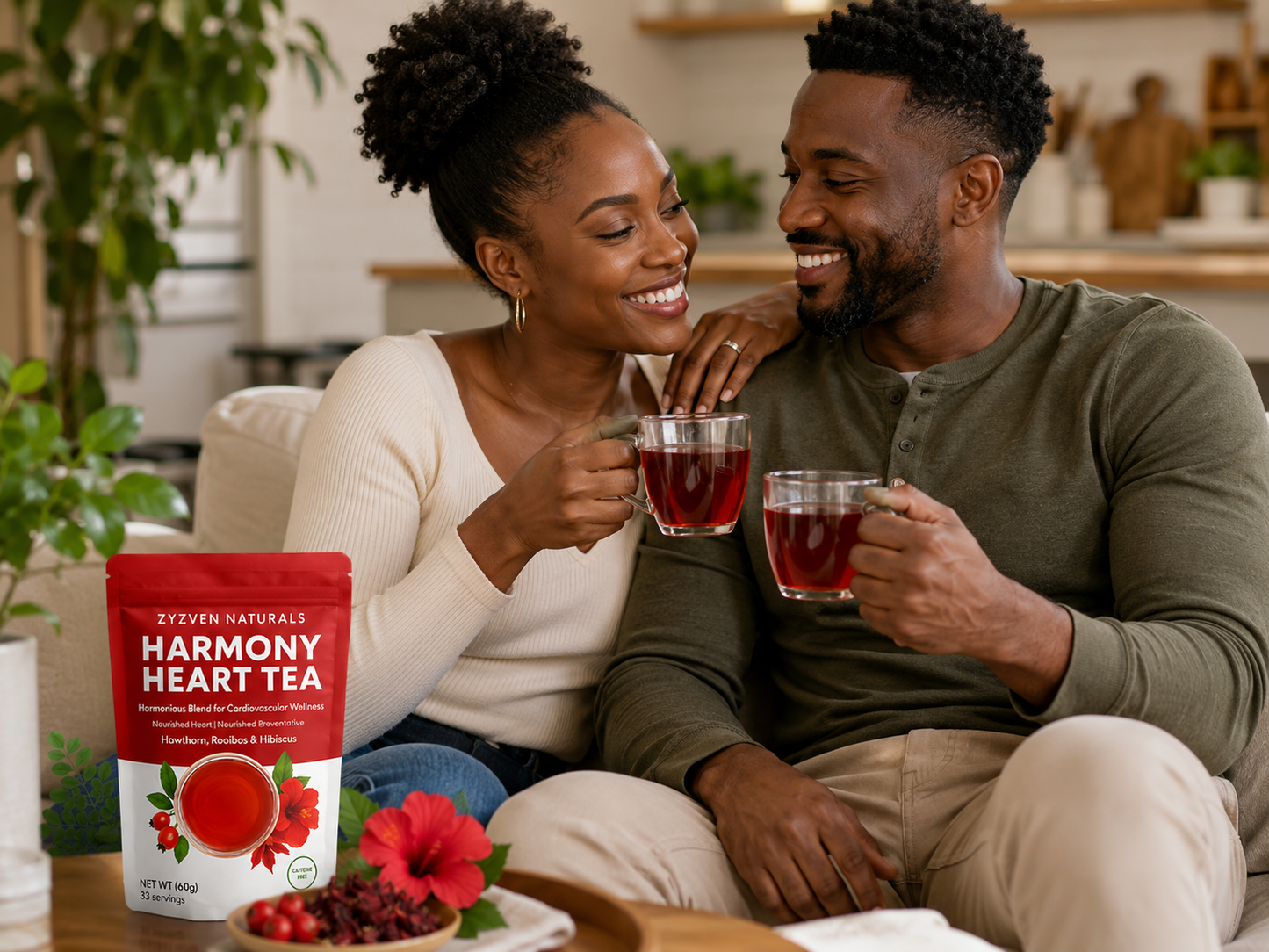 couple drinking harmony heart tea in their home, smiling at each other.