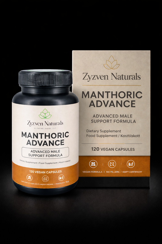 Zyzen Naturals Manthoric Advance supplement bottle and packaging on a black background