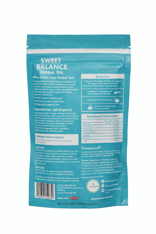 Sweet Balance Tea package with blue label on a white background
