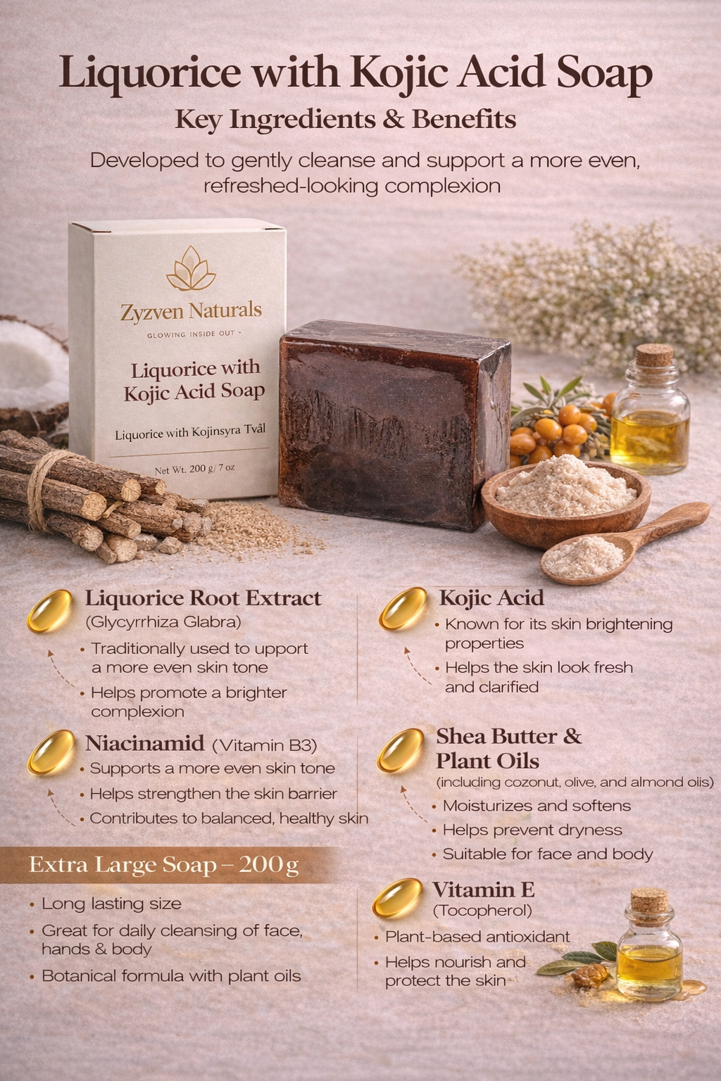 Zyzven Naturals Liquorice with Kojic Acid Soap – 200 g