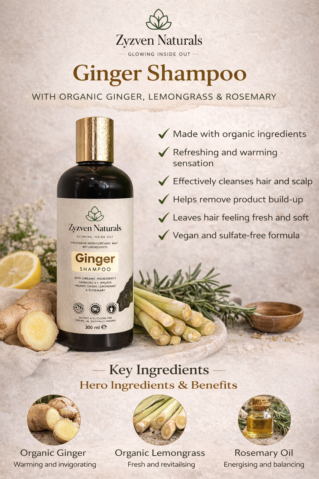 Zyzven Naturals Ginger Shampoo – With Organic Ingredients | 300 ml