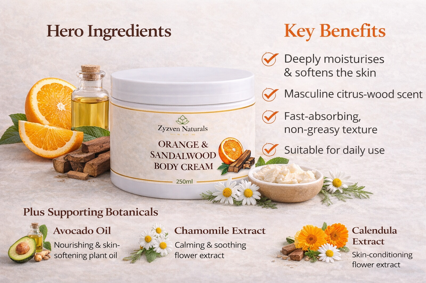 Zyzven Naturals Orange & Sandalwood Body Cream – Masculine Botanical Moisturiser (150ml / 250ml)
