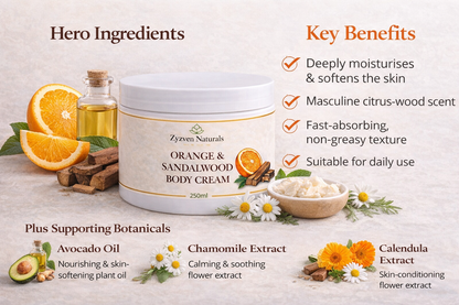 Zyzven Naturals Orange & Sandalwood Body Cream – Masculine Botanical Moisturiser (150ml / 250ml)