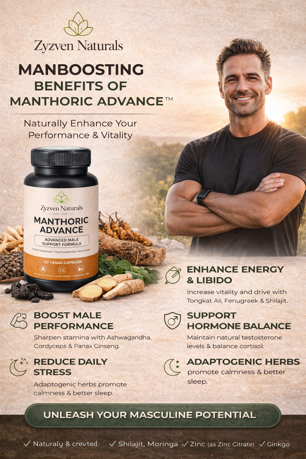 Zyzven Naturals | Manthoric Advance™ – 120 Vegan Capsules

Advanced Male Vitality, Performance, Testosterone & Prostate Support