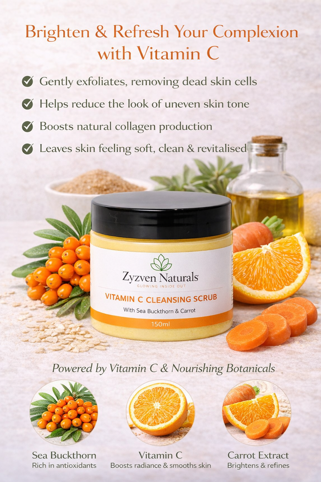 Zyzven Naturals Vitamin C Facial Scrub with Sea Buckthorn & Carrot 150ml – Exfoliating Face Scrub