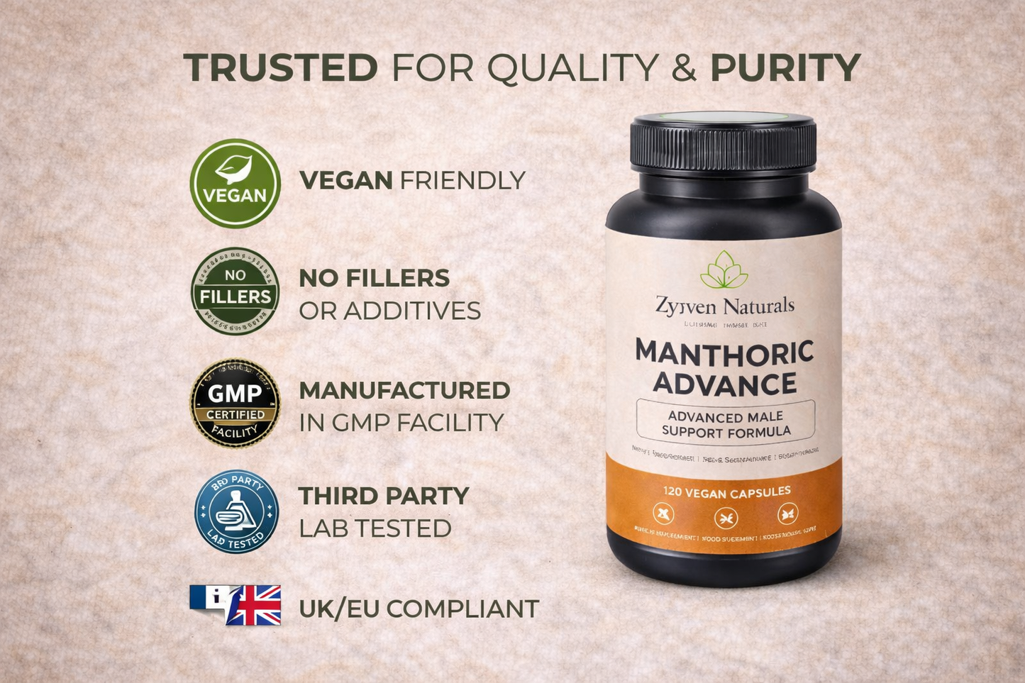 Zyzven Naturals | Manthoric Advance™ – 120 Vegan Capsules

Advanced Male Vitality, Performance, Testosterone & Prostate Support