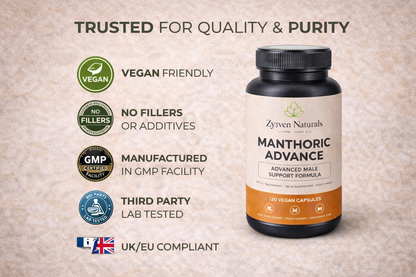 Zyzven Naturals | Manthoric Advance™ – 120 Vegan Capsules

Advanced Male Vitality, Performance, Testosterone & Prostate Support