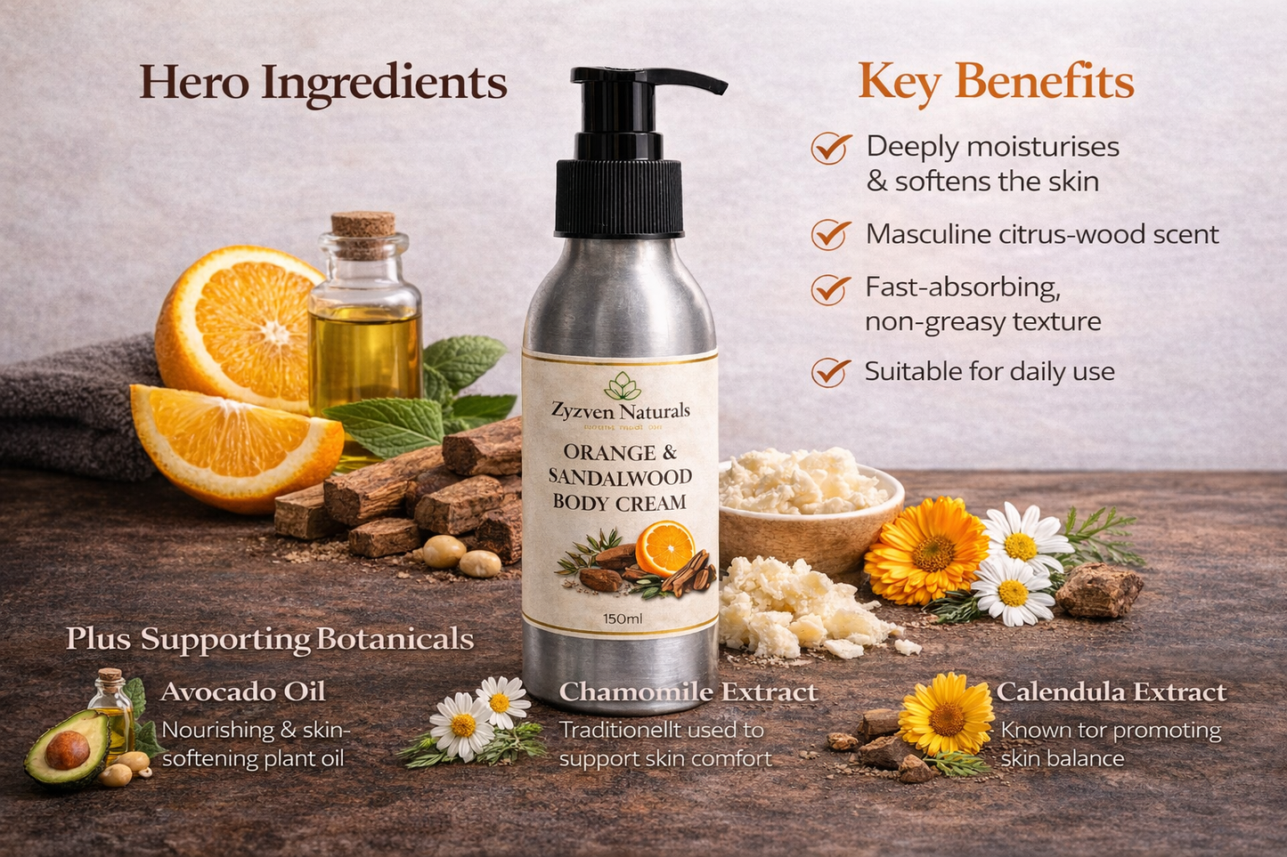 Zyzven Naturals Orange & Sandalwood Body Cream – Masculine Botanical Moisturiser (150ml / 250ml)