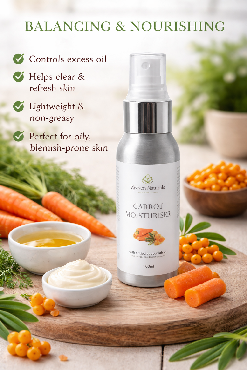 Zyzven Naturals Carrot & Sea Buckthorn Moisturiser 100ml – Handmade Facial Moisturiser