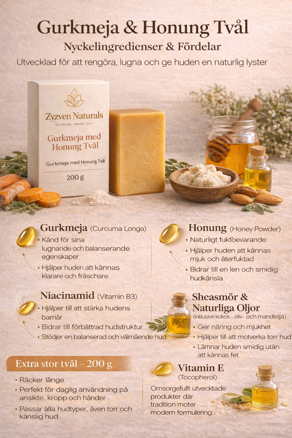 Zyzven Naturals Turmeric & Kojic Brightening Soap Bar 200g – Niacinamide (Vitamin B3), Honey & Vitamin E for Radiant, Even-Looking Skin
