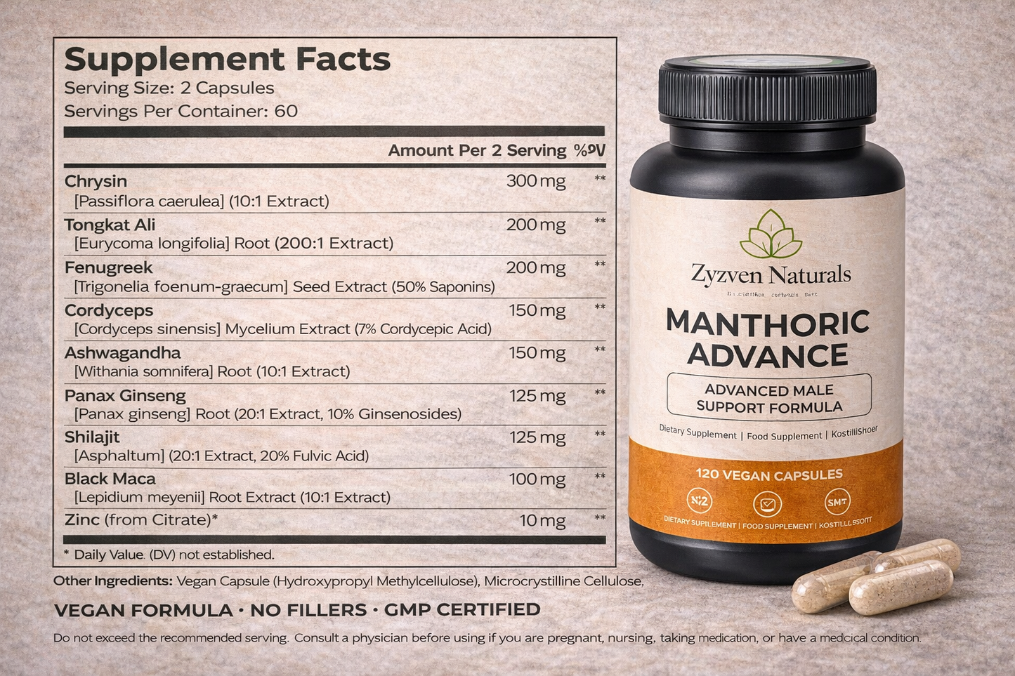 Zyzven Naturals | Manthoric Advance™ – 120 Vegan Capsules

Advanced Male Vitality, Performance, Testosterone & Prostate Support