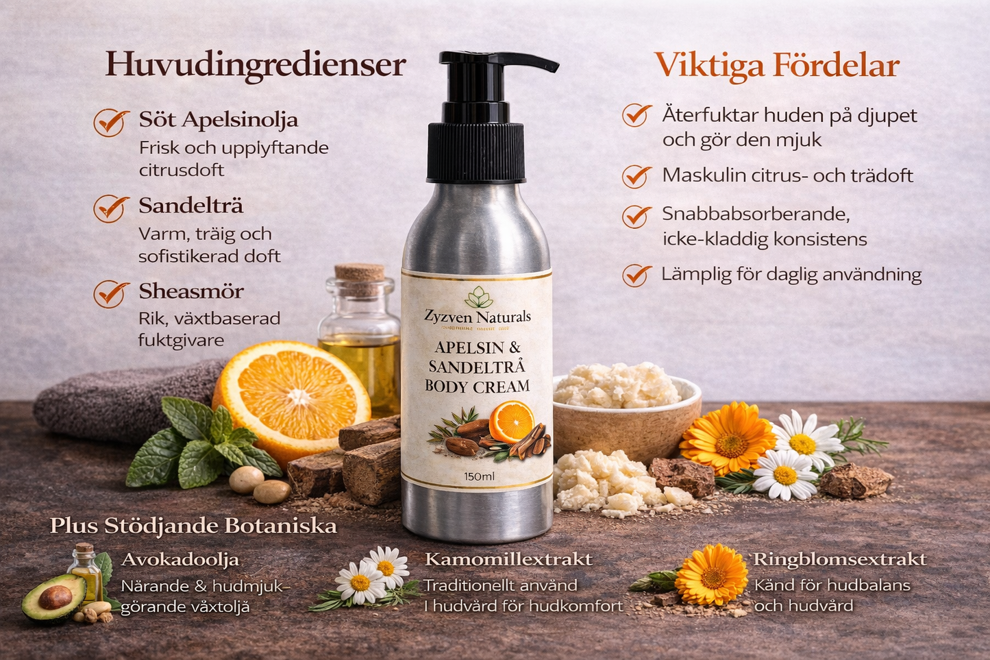 Zyzven Naturals Orange & Sandalwood Body Cream – Masculine Botanical Moisturiser (150ml / 250ml)