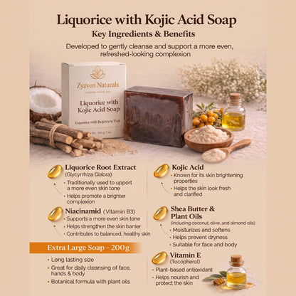 Savon éclaircissant réglisse et kojic (200g) | Nettoyant visage et corps à la niacinamide, vitamine E et beurre de karité