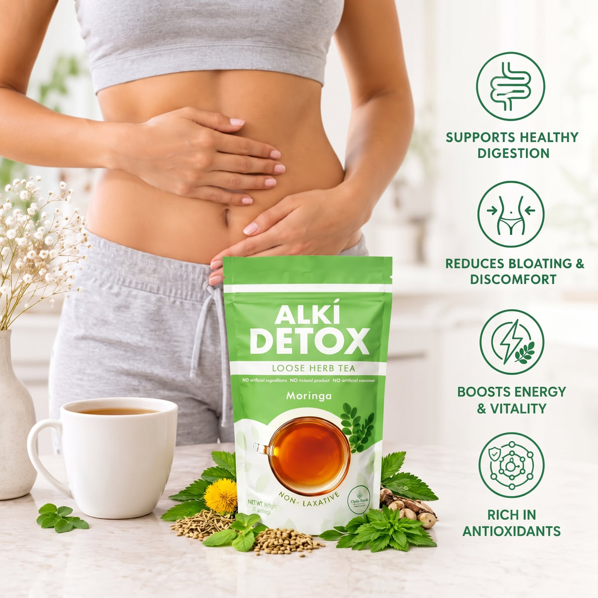 Detox, Metabolic, & Digestive Wellness Organic Herbal Tea (80g) | Alki Detox with Moringa