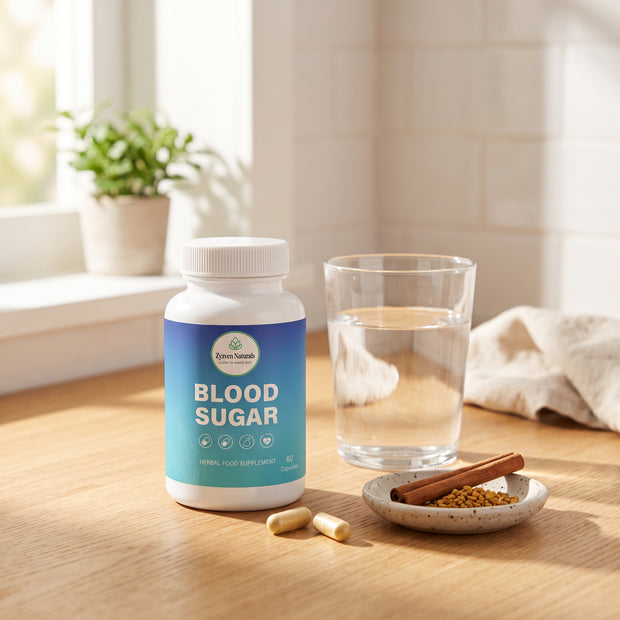 Blood Sugar Support capsules with a glass of water