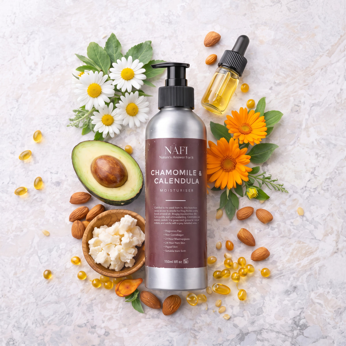 Fuktgivande serum från topp till tå | Ekologisk kamomill- och ringblommeserum (150 ml)