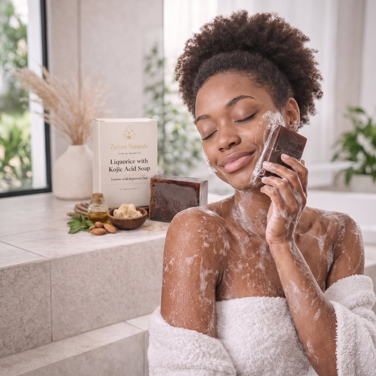 Savon éclaircissant réglisse et kojic (200g) | Nettoyant visage et corps à la niacinamide, vitamine E et beurre de karité
