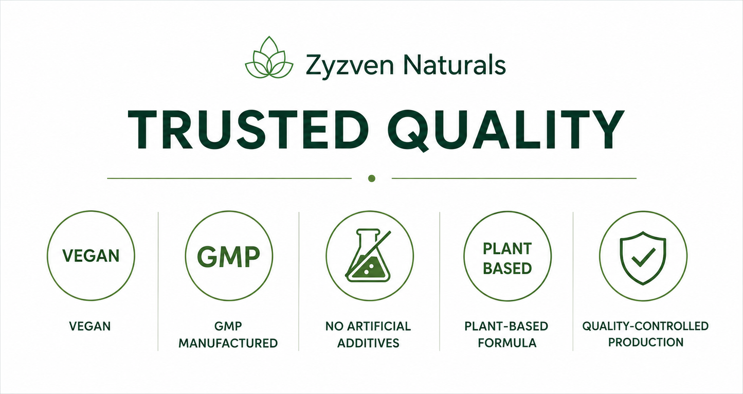 Zyzen Naturals logo with 'Trusted Quality' and certification icons on a white background