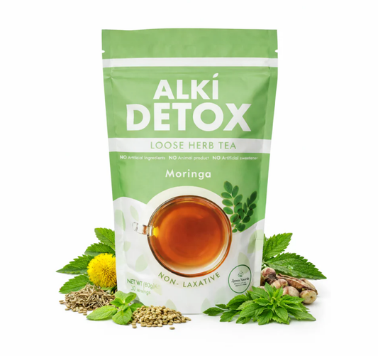 Alki Detox loose herb tea package with tea leaves and herbs on a white background