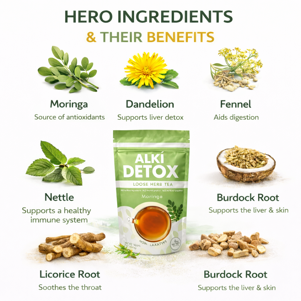 Alki Detox tea packaging with herbs and their benefits on a white background