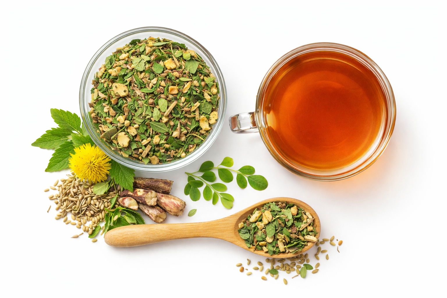 Herbal tea ingredients including a cup of tea, dried herbs, and a wooden spoon on a white background.