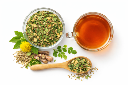 Herbal tea ingredients including a cup of tea, dried herbs, and a wooden spoon on a white background.