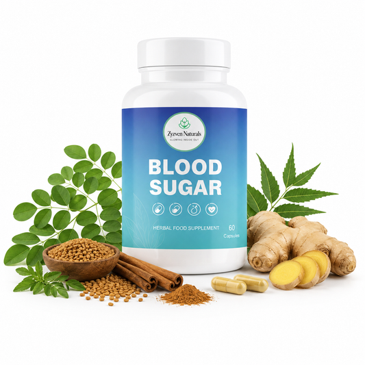 blood sugar control supplement surrounded by herbs
