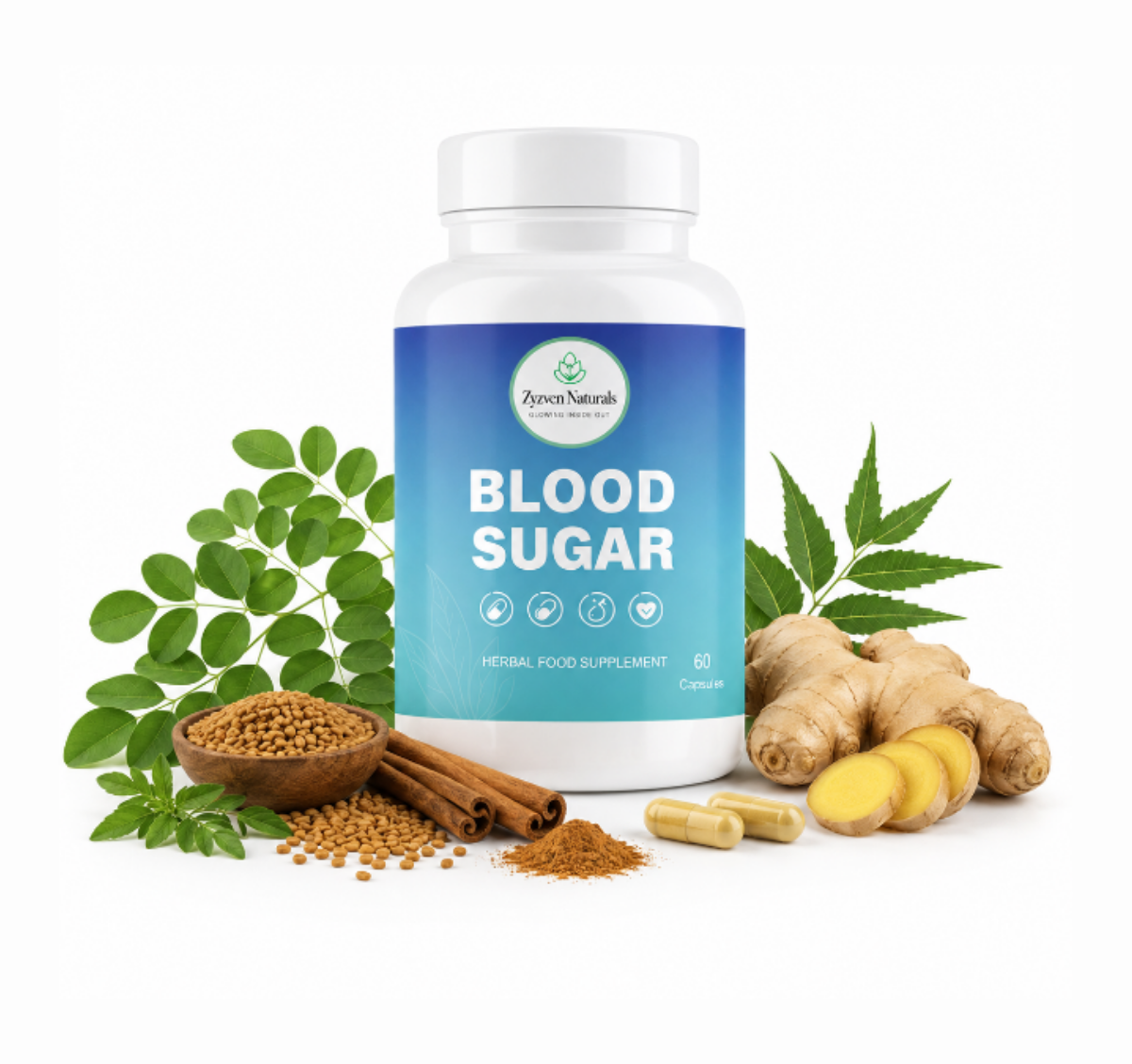 Supplement bottle labeled 'Blood Sugar' with natural ingredients on a white background