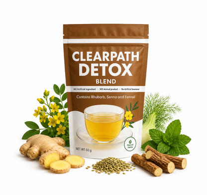 Clearpath Detox Blend package with tea cup illustration and health ingredients on a white background