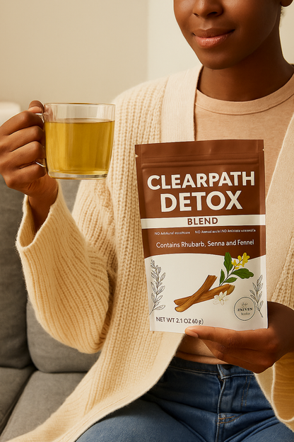 Person holding a package of Clearpath Detox Blend tea and a glass of tea.