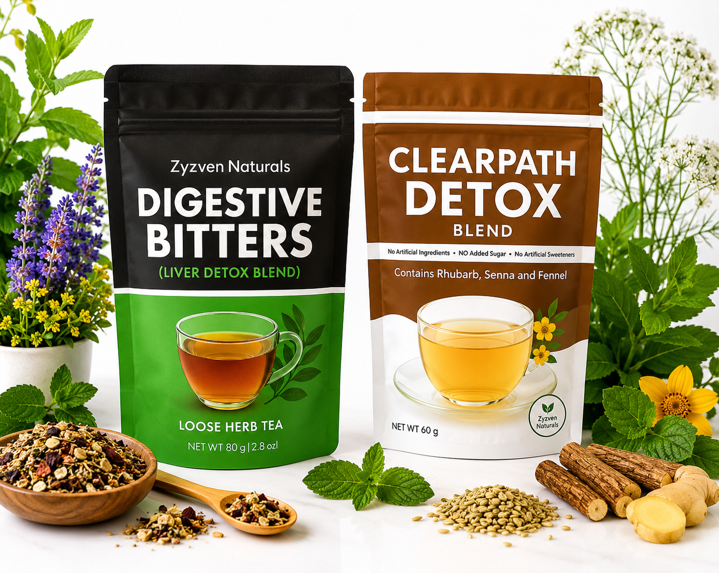 Two packages of Zyzen Naturals Digestive Bitters and Clearpath Detox Blend with tea ingredients on a white background.