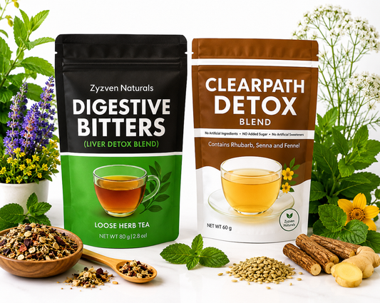 Two packages of Zyzen Naturals Digestive Bitters and Clearpath Detox Blend with tea ingredients on a white background.