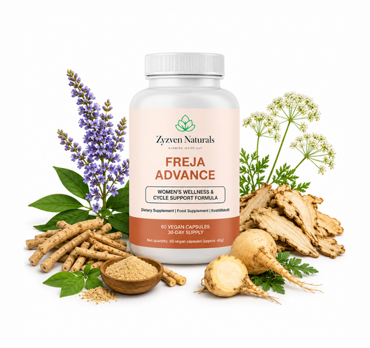 Supplement bottle labeled 'Freja Advance' by Zyen Naturals with herbs and plants on a white background