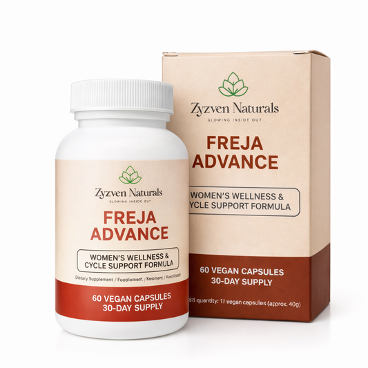 Zyzen Naturals Freja Advance supplement bottle and packaging on a white background