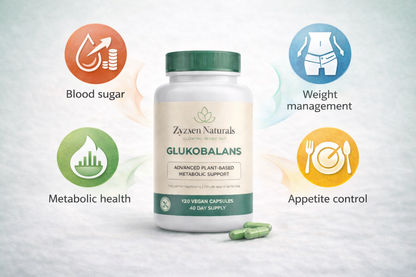 Zyzen Naturals GLUKOBALANS supplement bottle with icons and text on a light gray background