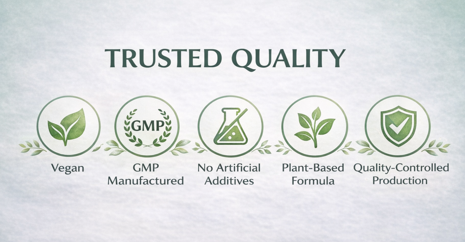 Icons and text on a textured gray background indicating 'Trusted Quality' attributes.