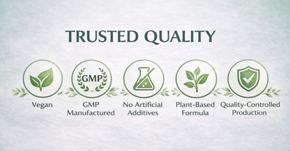 Icons and text on a textured gray background indicating 'Trusted Quality' attributes.