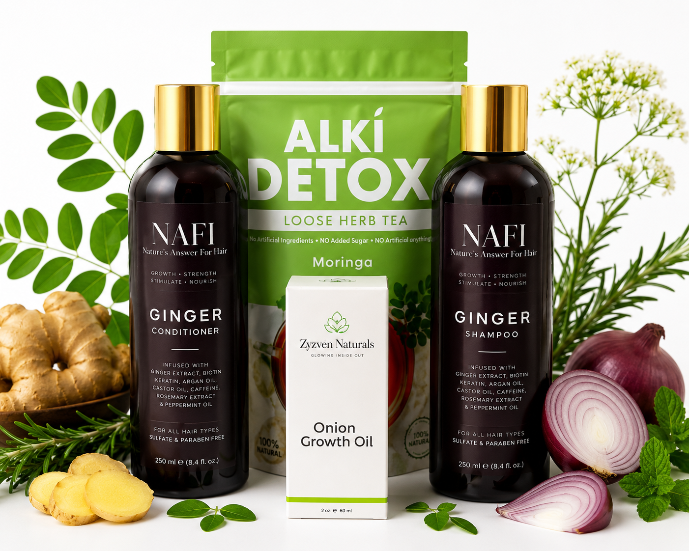 hair growth alopecia wellness bundle products with herbs surrounding