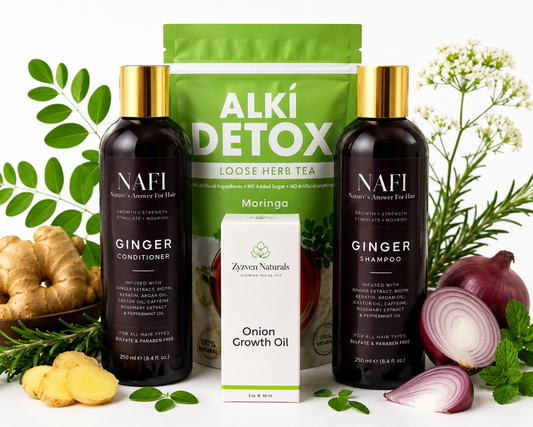 hair growth alopecia wellness bundle products with herbs surrounding