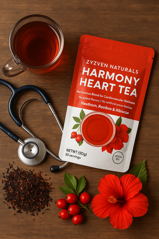 Packaging of Harmony Heart Tea with a cup of tea, stethoscope, and herbs on a wooden surface.