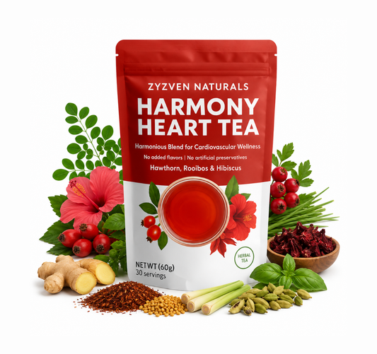 Zyzen Naturals Harmony Heart Tea package with tea leaves, flowers, and herbs on a white background