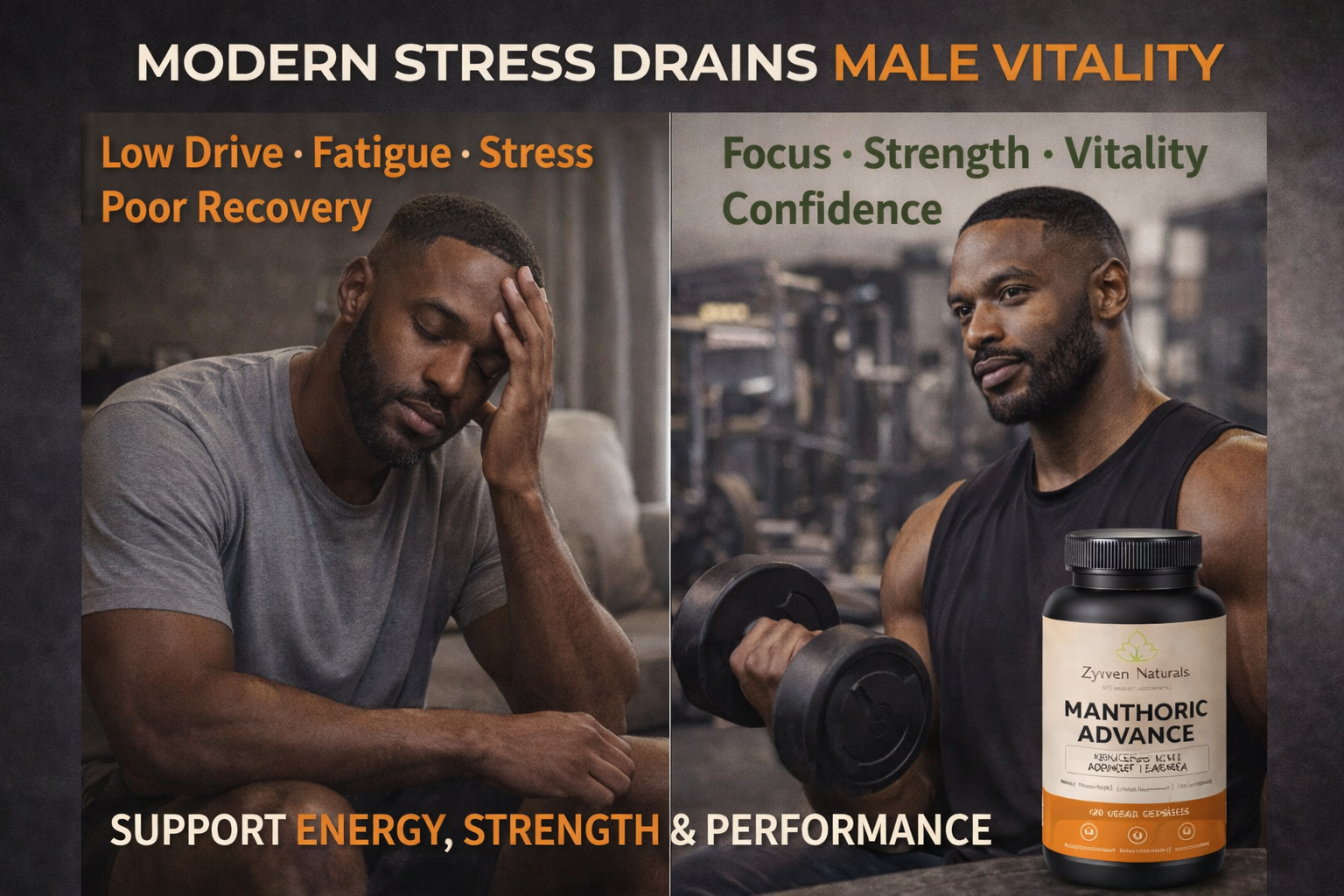 Advertisement for a supplement product highlighting stress relief and energy support with two men, one stressed and one strong, and a supplement bottle.