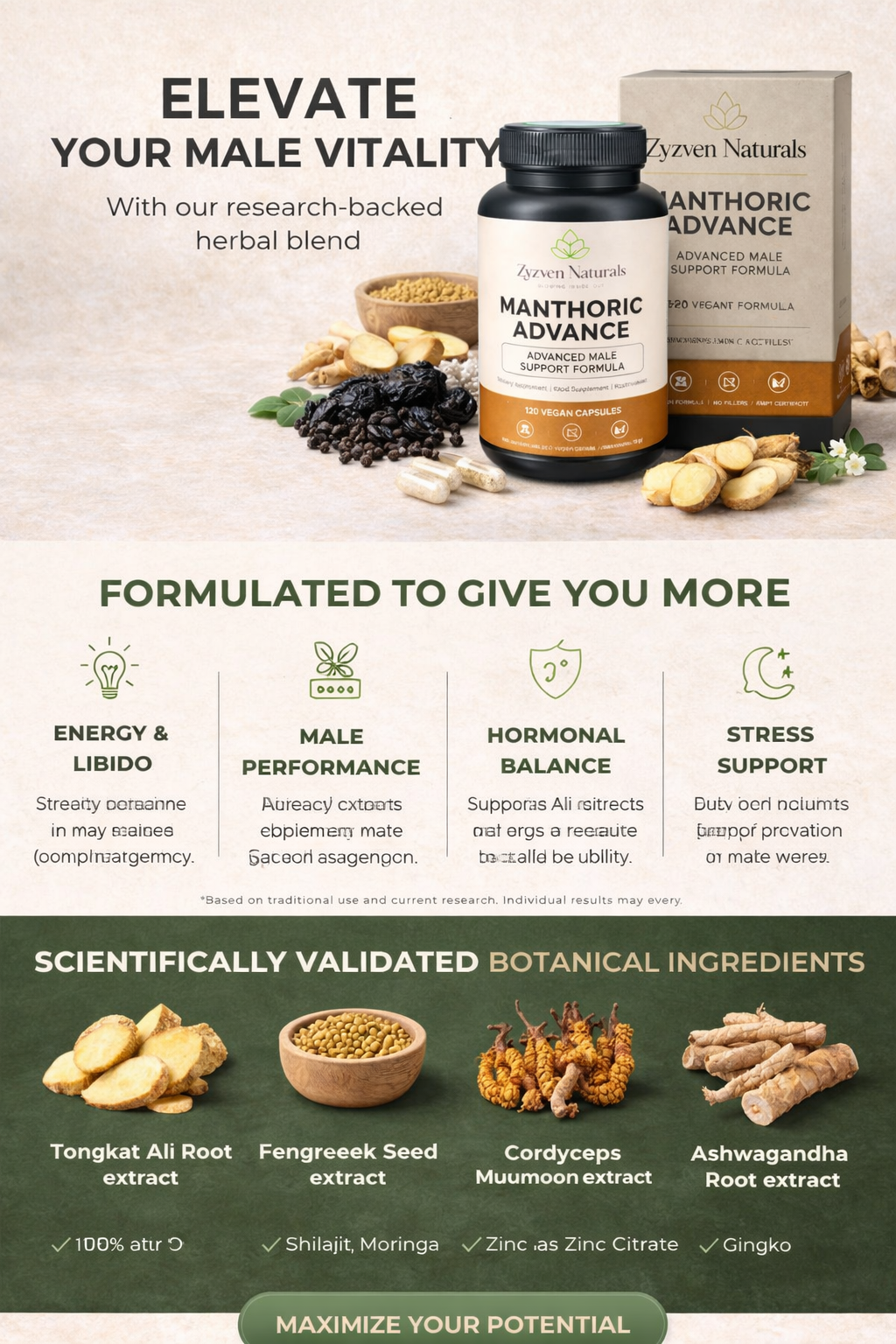 Advertisement for Manthoric Advance supplement with herbal ingredients and benefits listed.