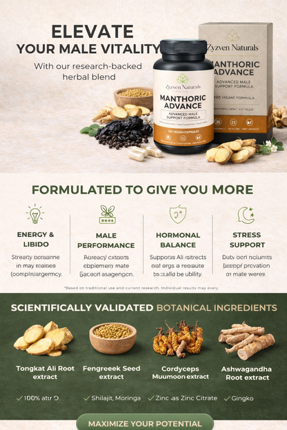 Advertisement for Manthoric Advance supplement with herbal ingredients and benefits listed.