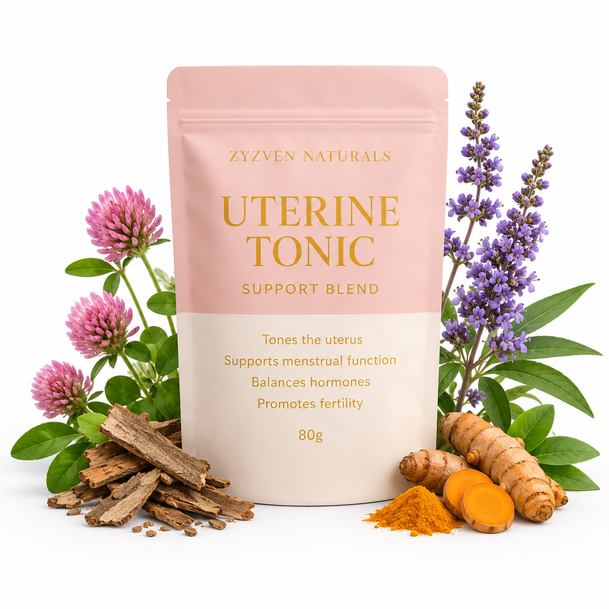 Zyzen Naturals Uterine Tonic support blend packaging with herbs and spices on a white background