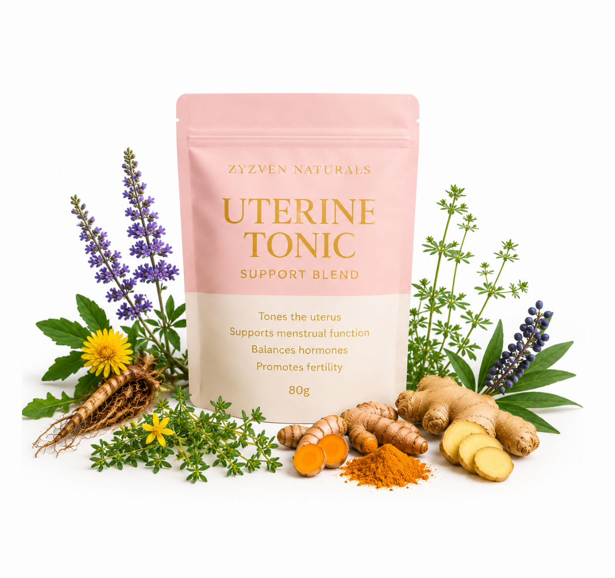 Zyviv Naturals Uterine Tonic Support Blend packaging with herbs and flowers on a white background